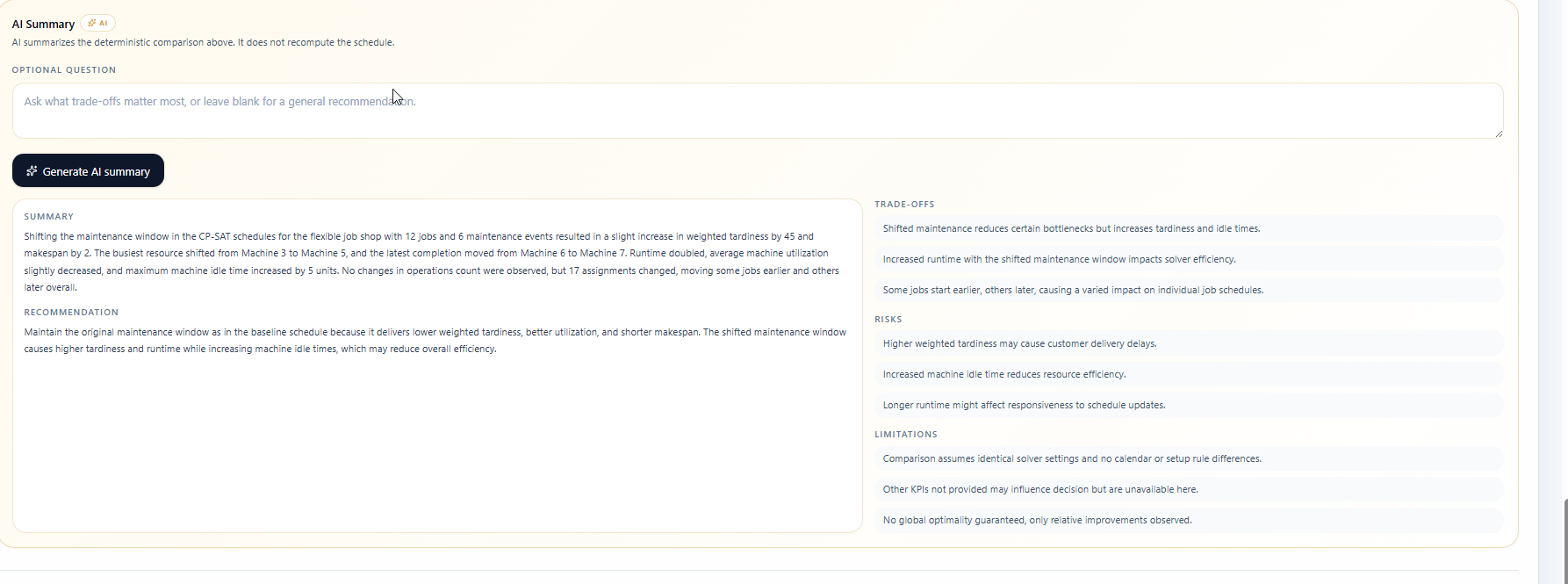 AI Compare summary explaining trade-offs between the baseline and variant schedules.