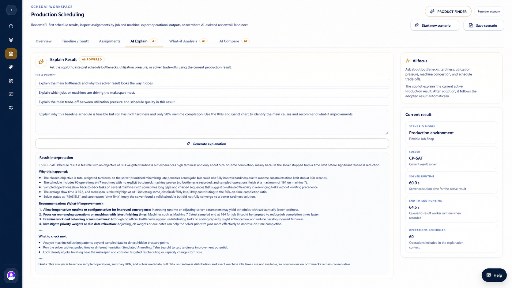 AI Explain panel with prompt examples and a grounded production scheduling explanation.