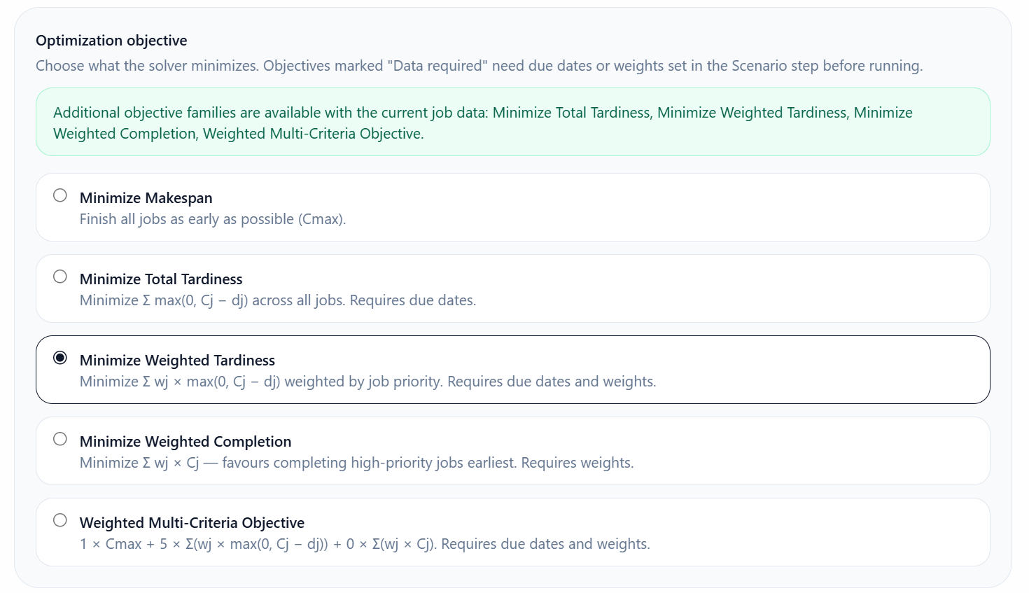 SchedAI objective options adapting to due dates and priority weights