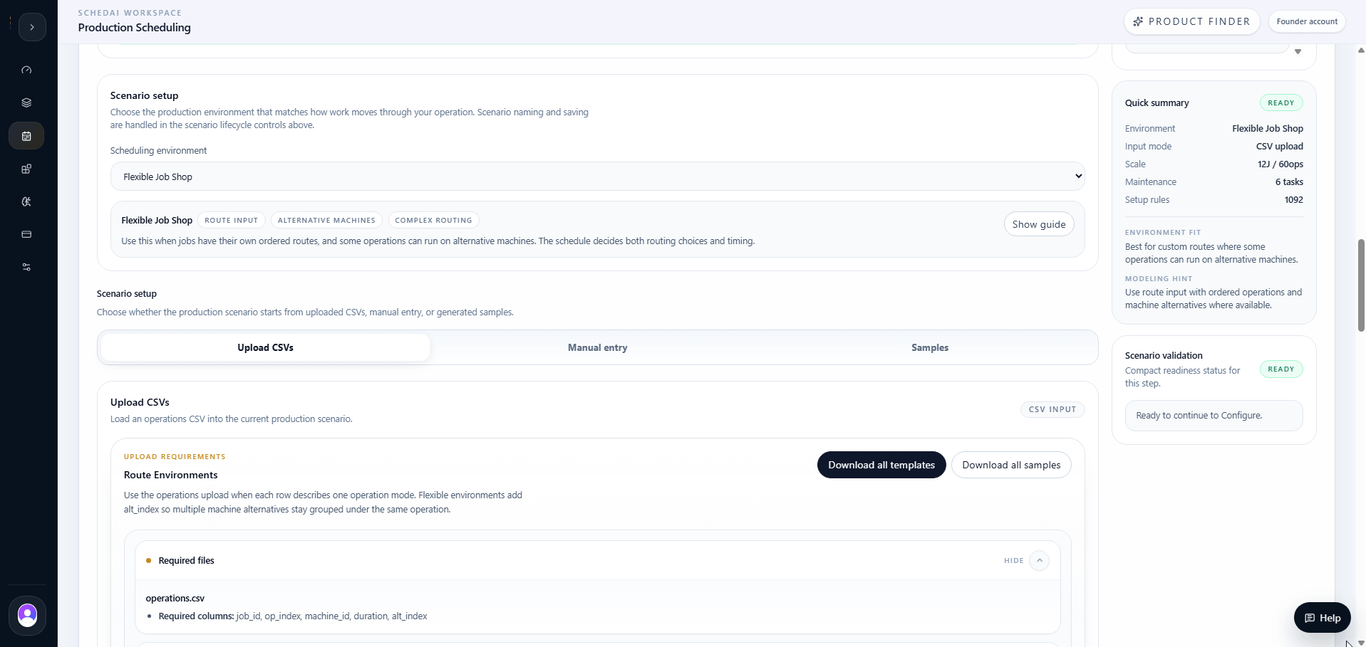 SchedAI production scenario input setup