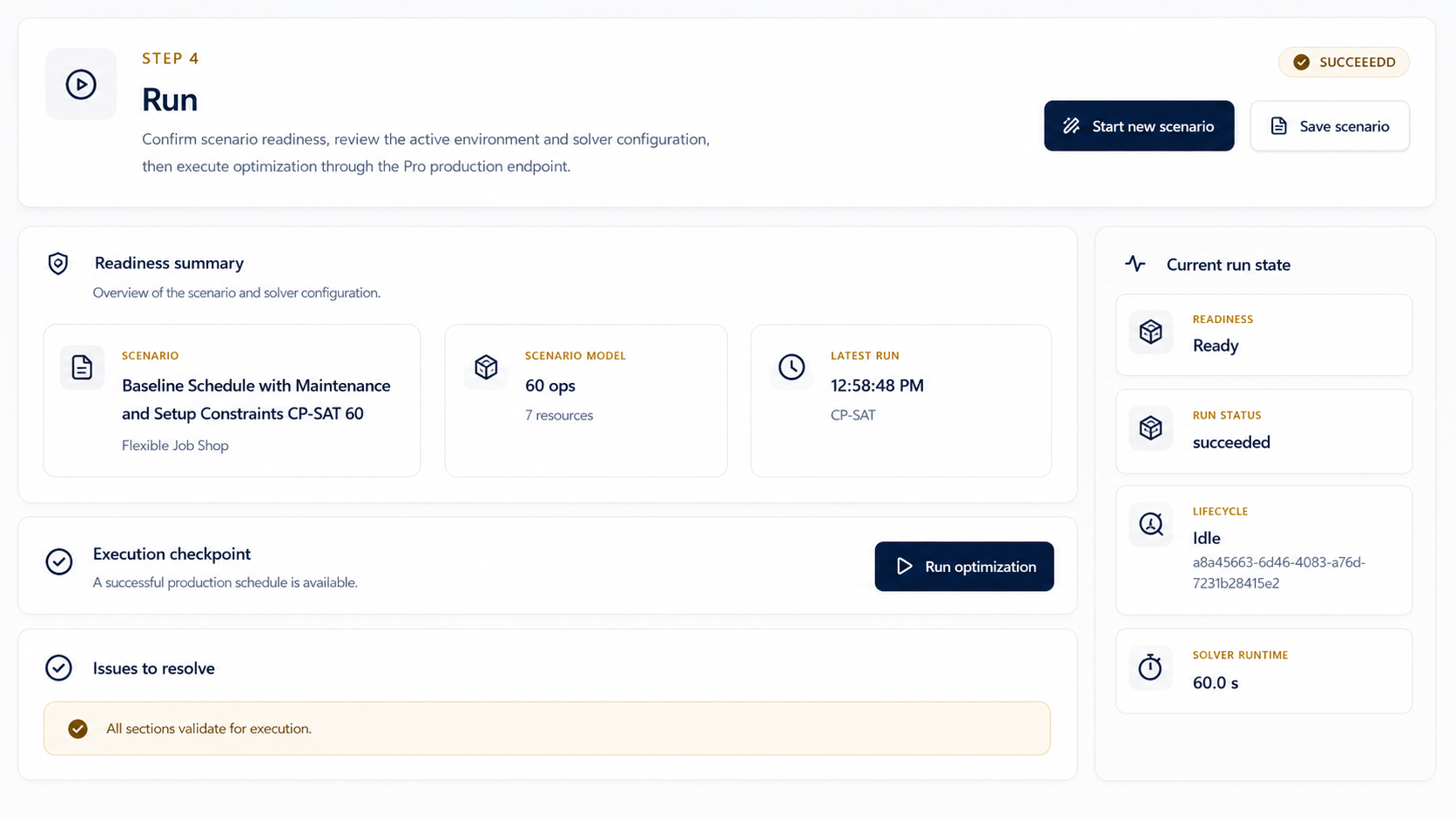 SchedAI production optimization run screen