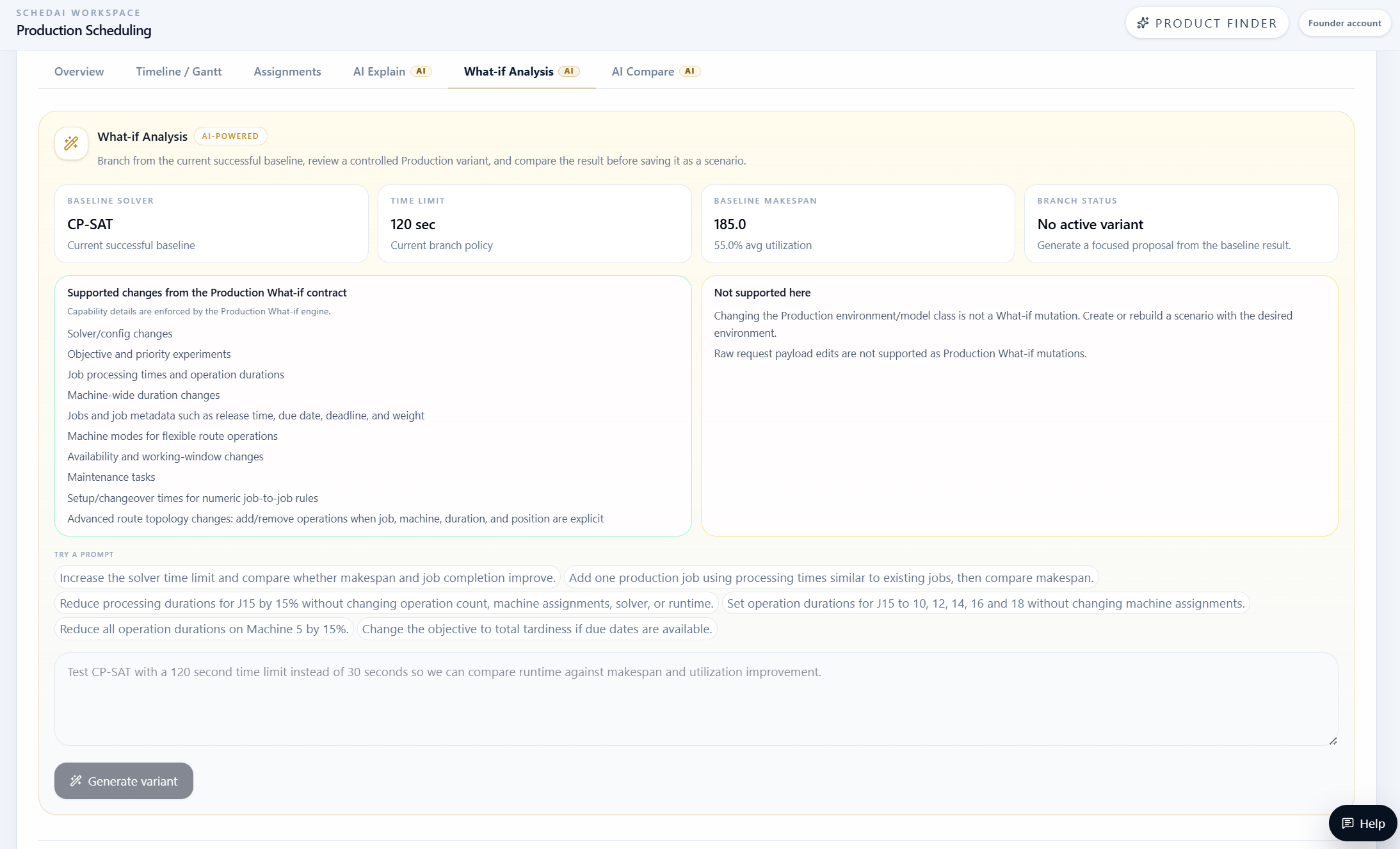 What-if Analysis tab with supported changes and prompt field for a focused variant.