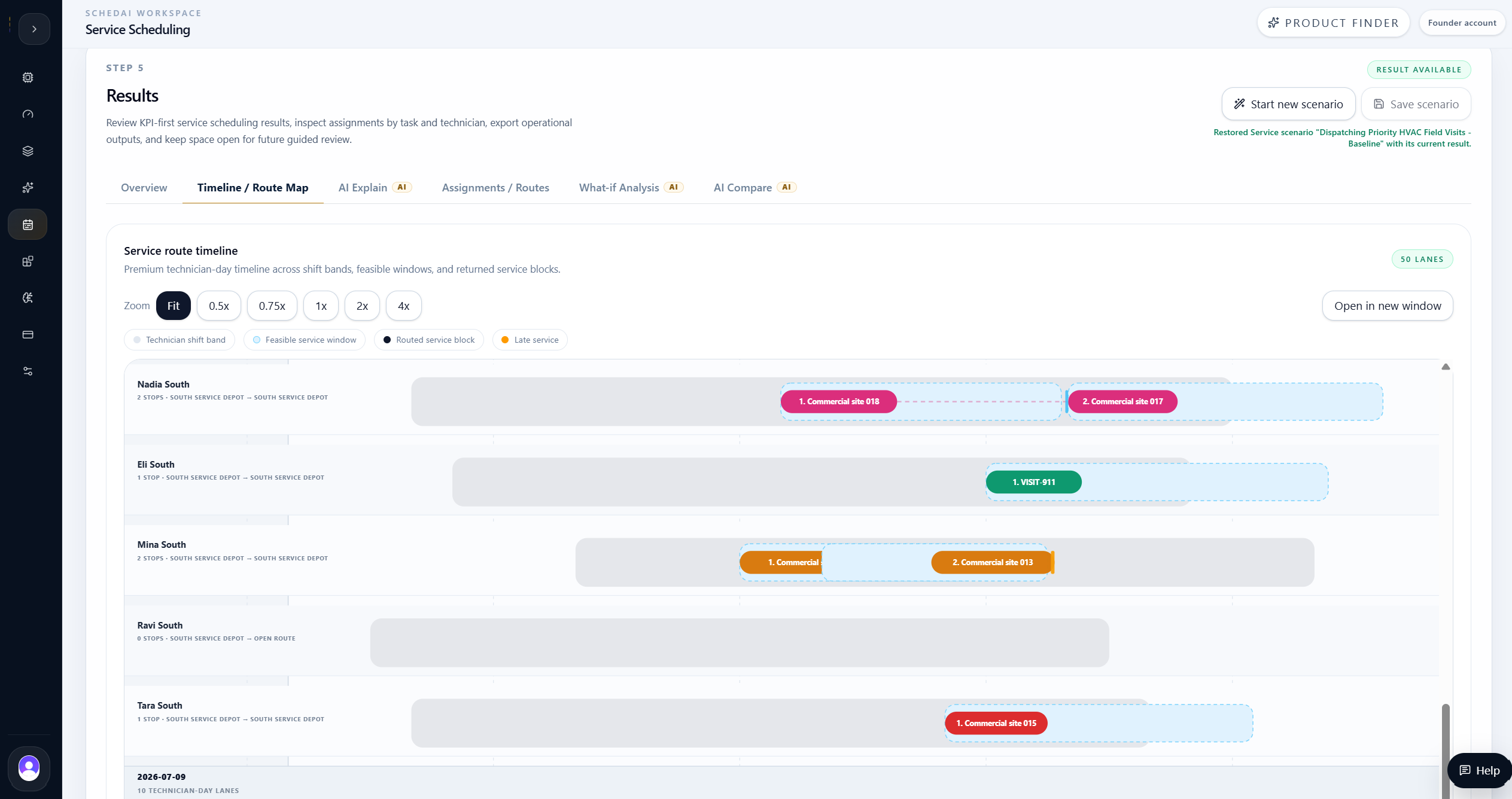 Baseline service scheduling timeline and route map