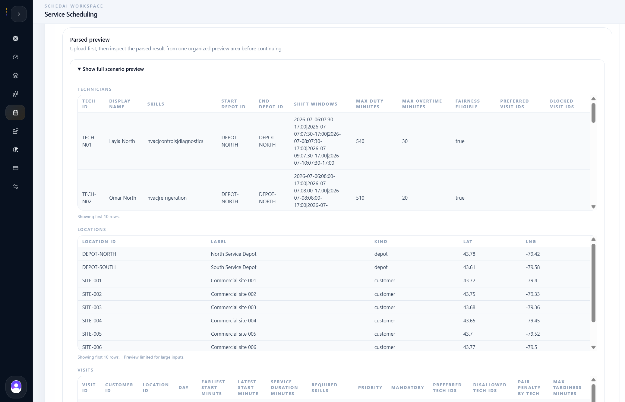 Parsed service scheduling input preview