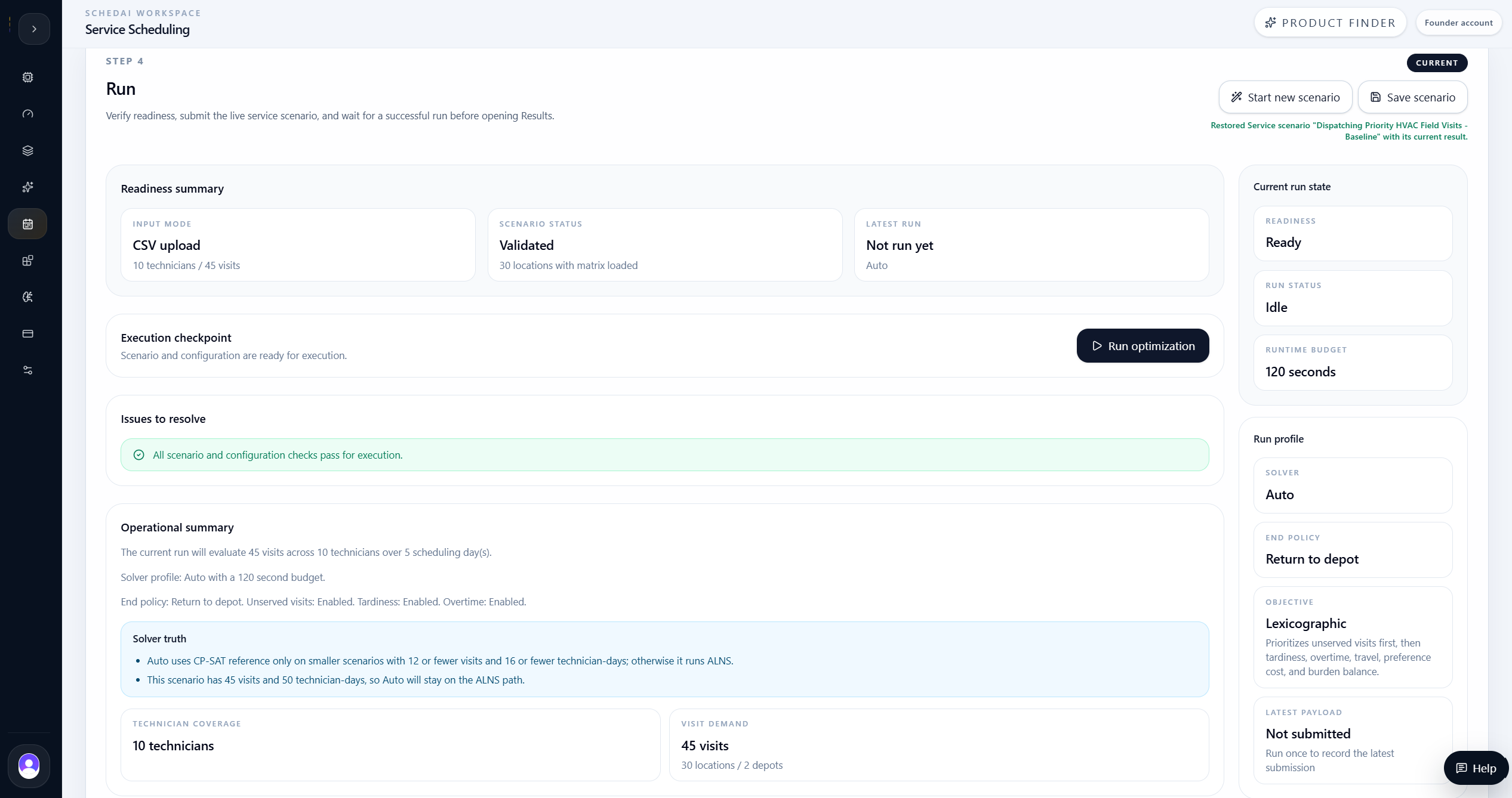 Service scheduling run readiness screen
